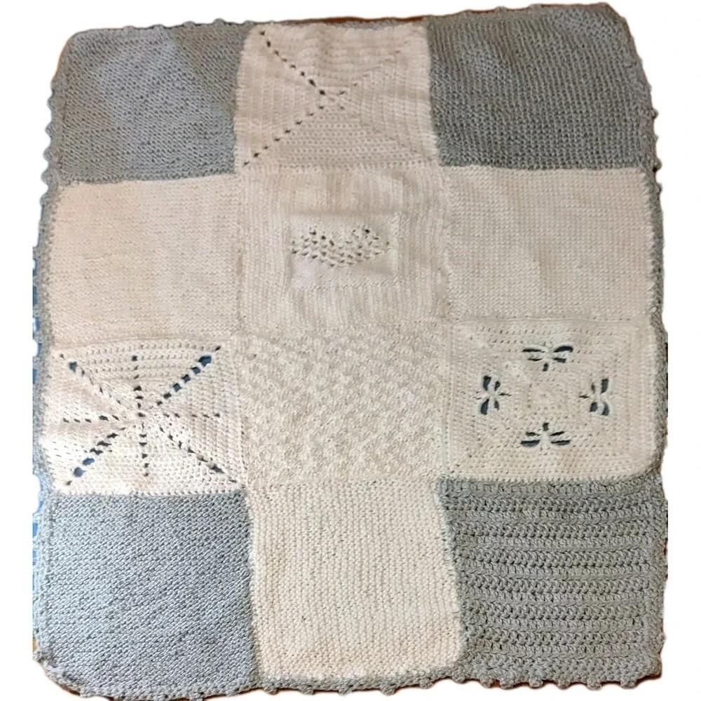 Handmade Crocheted Baby‎ Blanket Afghan Blue and White 40 x 29 in Baby Shower